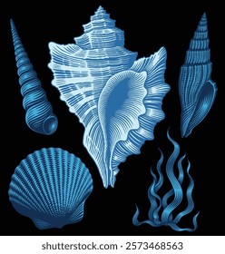 Sea creatures. Design set. Editable hand drawn illustration. Vector vintage engraving. Isolated on black background. 8 EPS