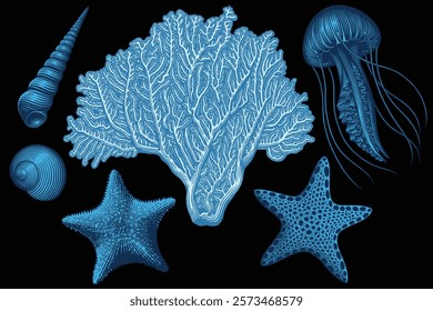 Sea creatures. Design set. Editable hand drawn illustration. Vector vintage engraving. Isolated on black background. 8 EPS