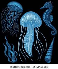 Sea creatures. Design set. Editable hand drawn illustration. Vector vintage engraving. Isolated on black background. 8 EPS