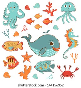 Sea creatures doodles set. Vector format