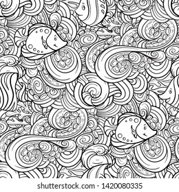 Sea creatures doodles vector seamless pattern. Black and white background with tropical fishes and octopus tentacles