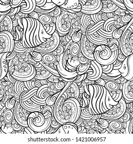 Sea creatures doodles vector seamless pattern. Black and white background with tropical fishes and octopus tentacles
