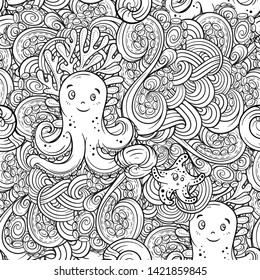 Sea creatures doodles vector seamless pattern. Black and white background with tropical fishes and octopus tentacles