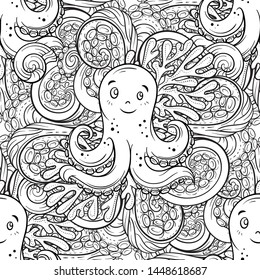 Sea creatures doodles vector seamless pattern with a cute octopus character. Black and white background.