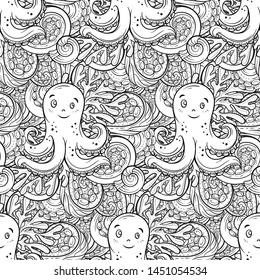 Sea creatures doodles vector seamless pattern. Black and white background.