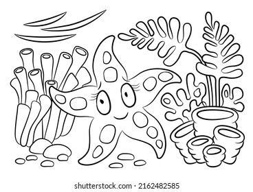 Sea Creatures Drawing. Fish Cartoon. Starfish Outline. Sea Life Coloring Page