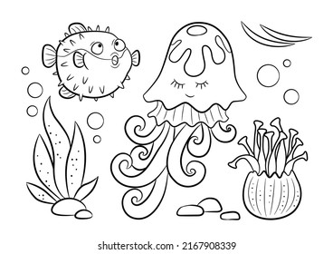 Sea creatures drawing. Underwater world coloring book. Jellyfish contour. Fish outline. Sea animals children's illustration.