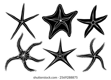 Sea creatures, echinoderms, starfish silhouette, stamp set. Vector graphics.