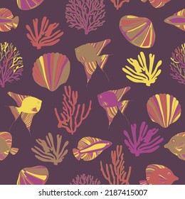 Sea creatures fashion colored seamless pattern. Vector illustration of fishes, seashells and coral reefs. Fashion textile print.
