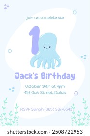 Sea creatures first birthday invitation for kids. Playful marine life card with a happy blue octopus in a flat design. Marine life postcard children