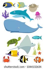 Sea creatures and fish set vector