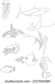 Sea Creatures fish in the water line art