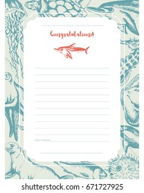 Sea Creatures - green and white vector hand drawn template card. Realistic turtle, dolphin, killer whale, cowfish, fur seal, sea bear, jellyfish, octopus, ray, seahorse, herring, swellfish