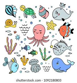 Sea creatures hand drawn set. Illustrations with cute fishes and seashells