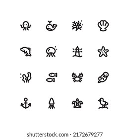 Sea creatures icon set, Minimal linear vector icons.