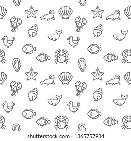 Sea Creatures icons seamless pattern grey vector on white background. Collection Of fish, lobster, oyster, clam, seagull.
Template for design fabric, backgrounds, wrapping paper.