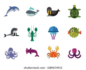 Sea creatures icons set. Thirteen vector icons of dolphin, turtle, sea lion and other sea creatures