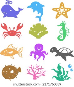 Sea Creatures illustration, Under The Sea vector, Ocean, Octopus, Turtle, Whale, Starfish, Crab