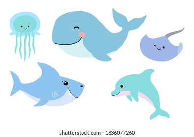 Sea creatures ilustration. Jellyfish, whale, dolphin, shark, and stingray