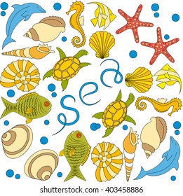 sea creatures isolated on white background