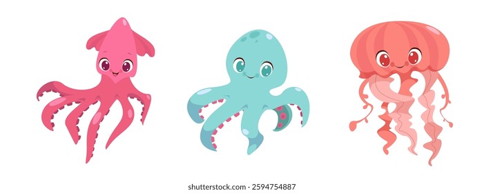 Sea creatures jellyfish squid, octopus. Character stickers collection. Collection of cartoon children's sea creatures, Vector cartoon set flat illustration on white background.