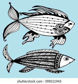 Sea creatures. Line art. Black and white. Stylized fish. Decorative. Background. Sea bottom. Set.