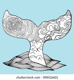 Sea creatures. Line art.  Black and white. Stylized fish. Decorative. Background. Sea bottom.  Whale. Flounder. Whale Tail.