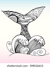 Sea creatures. Line art.  Black and white. Stylized fish. Decorative. Background. Sea bottom.  Whale. Flounder. Whale Tail.