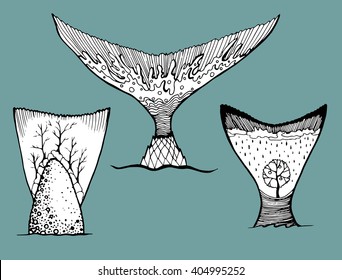 Sea creatures. Line art.  Black and white. Stylized fish. Decorative. Background. Sea bottom.  Whale. Flounder. Whale Tail. The tail of a fish. Set.