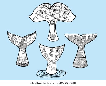 Sea creatures. Line art.  Black and white. Stylized fish. Decorative. Background. Sea bottom.  Whale. Flounder. Whale Tail. The tail of a fish. Set.
