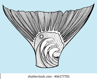 Sea creatures. Line art.  Black and white. Stylized fish. Decorative. Background. Sea bottom.  Whale. Flounder. Whale Tail. The tail of a fish.