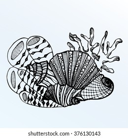 Sea creatures. Line art. Mascara. Black and white. Dudling. Zentangl. Stylized fish. Decorative. Background. Shell. Squid. Jellyfish. Carp. Sink. Snail. Octopus. Sea bottom. Of algae. Whale. Flounder.