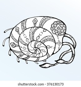 Sea creatures. Line art. Mascara. Black and white. Dudling. Zentangl. Stylized fish. Decorative. Background. Shell. Squid. Jellyfish. Carp. Sink. Snail. Octopus. Sea bottom. Of algae. Whale. Flounder.