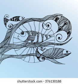 Sea creatures. Line art. Mascara. Black and white. Dudling. Zentangl. Stylized fish. Decorative. Background. Shell. Squid. Jellyfish. Carp. Sink. Snail. Octopus. Sea bottom. Of algae. Whale. Flounder.
