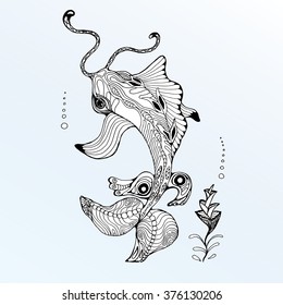 Sea creatures. Line art. Mascara. Black and white. Dudling. Zentangl. Stylized fish. Decorative. Background. Shell. Squid. Jellyfish. Carp. Sink. Snail. Octopus. Sea bottom. Of algae. Whale. Flounder.
