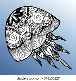 Sea creatures. Line art. Mascara. Black and white. Dudling. Zentangl. Stylized fish. Decorative. Background. Shell. Squid. Jellyfish. Carp. Sink. Snail. Octopus. Sea bottom. Of algae. Whale. Flounder.