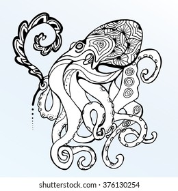 Sea creatures. Line art. Mascara. Black and white. Dudling. Zentangl. Stylized fish. Decorative. Background. Shell. Squid. Jellyfish. Carp. Sink. Snail. Octopus. Sea bottom. Of algae. Whale. Flounder.