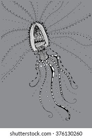 Sea creatures. Line art. Mascara. Black and white. Dudling. Zentangl. Stylized fish. Decorative. Background. Shell. Squid. Jellyfish. Carp. Sink. Snail. Octopus. Sea bottom. Of algae. Whale. Flounder.