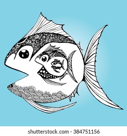 Sea creatures. Line art. Mascara. Black and white. Dudling. Zentangl. Stylized fish. Decorative. Background. Carp. Sea bottom. ?lgae. Whale. Flounder. Mackerel. Herring. Sturgeon. Tuna. Trout. Salmon.