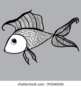 Sea creatures. Line art. Mascara. Black and white. Zentangl. Stylized fish. Decorative. Background. Sea bottom. 