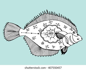 Sea creatures. Line art. Mascara. Black and white. Zentangl. Stylized fish. Decorative. Background. Sea bottom. 