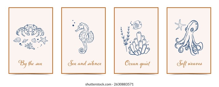 Sea Creatures Line Art Poster Set. Minimalist Marine Animals. Outline Collection. Trendy summer poster in sketch style. Hand drawn crab, octopus, seahorse, coral, seashells and fish