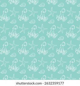 Sea Creatures Line Art Seamless Pattern.Octopus, starfish, seashell. Minimalist Marine Animals Outline, Ocean Animals Background