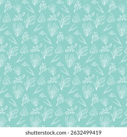Sea Creatures Line Art Seamless Pattern. Coral, Sea Plants Background