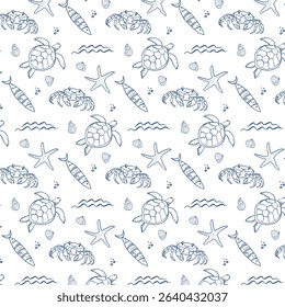 Sea Creatures Line Art Seamless Pattern. Turtle, crab,  starfish, seashell, fish. Minimalist Marine Animals Outline, Ocean Animals Background