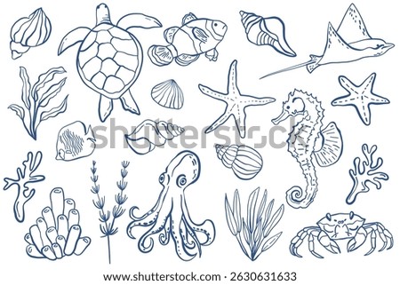 Sea Creatures Line Art Set. Minimalist Marine Animals Outline Collection