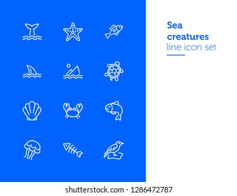 Sea creatures line icon set. Set of line icons on white background. Maritime concept. Shell, turtle, fish, whale.  Vector illustration can be used for topics like sea, ocean