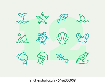 Sea creatures line icon set. Set of line icons on white background. Maritime concept. Shell, turtle, fish, whale. Vector illustration can be used for topics like sea, ocean