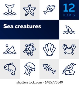 Sea creatures line icon set. Set of line icons on white background. Maritime concept. Shell, turtle, fish, whale. Vector illustration can be used for topics like sea, ocean