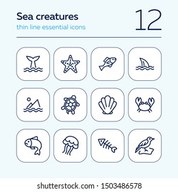 Sea creatures line icon set. Set of line icons on white background. Maritime concept. Shell, turtle, fish, whale. Vector illustration can be used for topics like sea, ocean